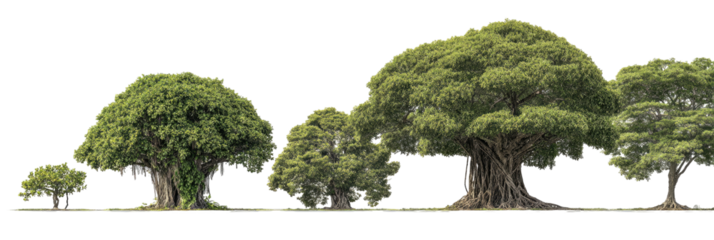 Five trees, varied sizes, with dense green foliage