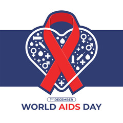 World aids day - Red ribbon cross line white heart frame with icons about aids around on blue tab background vector design
