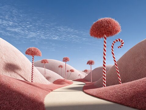 Dreamy candy landscape with striped peppermint trees and pastel pink hills under a clear blue sky, blending fantasy, sweetness, and surreal beauty in whimsical design - Powered by Adobe