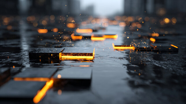 Floating neon circuit board pieces hovering above a polished black surface in hyperrealistic detail symbolizing advanced technology digital connectivity innovation and the future of intelligent system