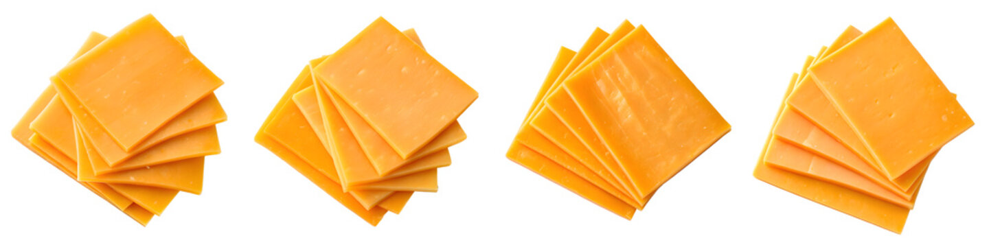 Four stacks of cheddar cheese slices isolated on transparent background