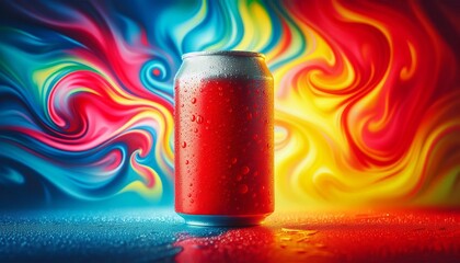Red soda can with water drops on a multi-colored liquid background.