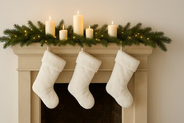 White Plush Christmas stockings adorned with pine garland, glittering lights, and pillar candles are hung on a fireplace mantel and are complemented by a white wall, natural light, and festive décor.
