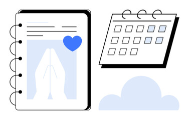 Prayer journal with a praying hands graphic and blue heart symbol, a spiral-bound calendar, and a cloud icon. Ideal for spirituality, mindfulness, planning, organization, gratitude, faith