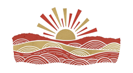 和紙風、日の出と波模様　お正月・新春背景素材