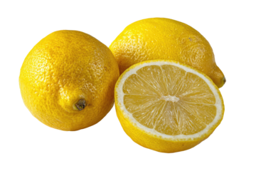 Three lemons, one halved, bright yellow citrus fruits