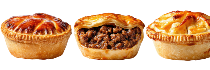 Three savory meat pies, golden crusts, on black background