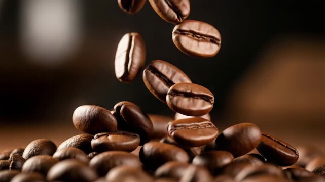 Roasted coffee bean falling with dark background and wooden surface