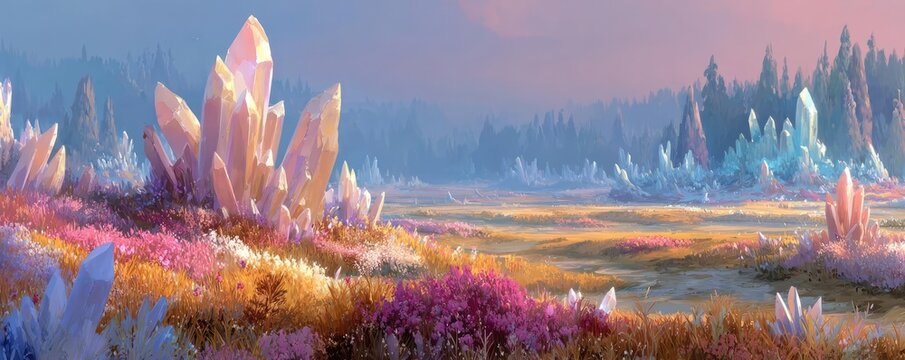 Painting of a beautiful sci fi landscape tender and dreamy design concept. A serene crystal landscape with colorful crystal formations.