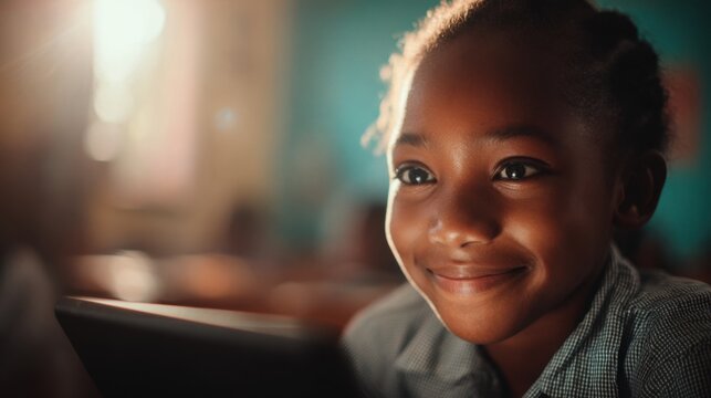 African schoolgirl smiling in classroom holding tablet device