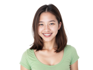 Smiling young woman with long hair poses against plain white background in casual green shirt