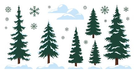Obraz premium Collection of Evergreen Trees with Snow and Snowflakes Winter Scene.