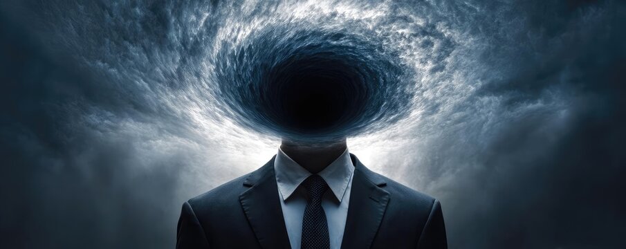 Man in a business suit with a blown head concept. A surreal representation of emptiness and existential thoughts.