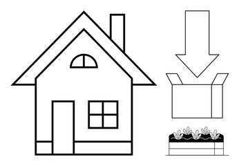 Outline of house with windows and chimney, garden bed, downward arrow, and open box. Ideal for sustainability, gardening, home projects, storage, minimalism eco-living and organization concepts