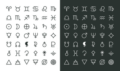 Astrology symbols and icons set. Signs of the zodiac, planets, asteroids vector with editable stroke
