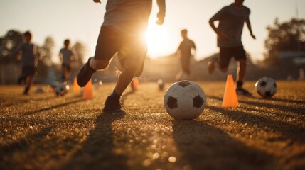 Dynamic Young Soccer Players Training in Sunset Light
