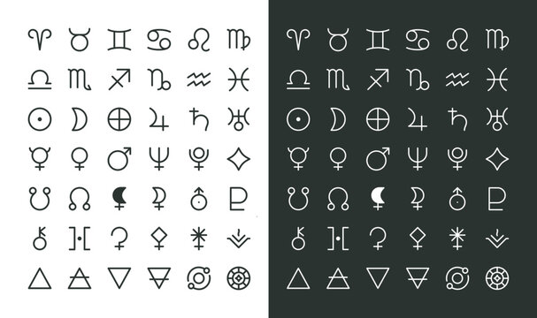 Astrology symbols and icons set. Signs of the zodiac, planets, asteroids vector with editable stroke