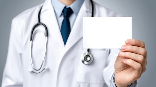 Doctor holding business card medical professional presenting professional contact information healthcare expert offers business details