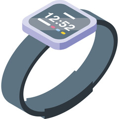 Isometric Digital Smart Watch Displaying Time With Colorful Icons And Gray Band On Transparent Background