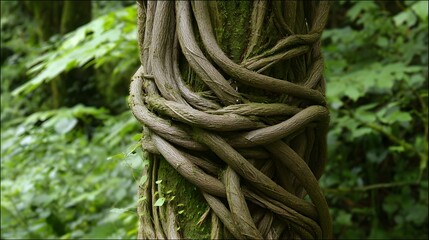  A tree trunk bound by thick vines in a forest, sunlight filtering through leaves.