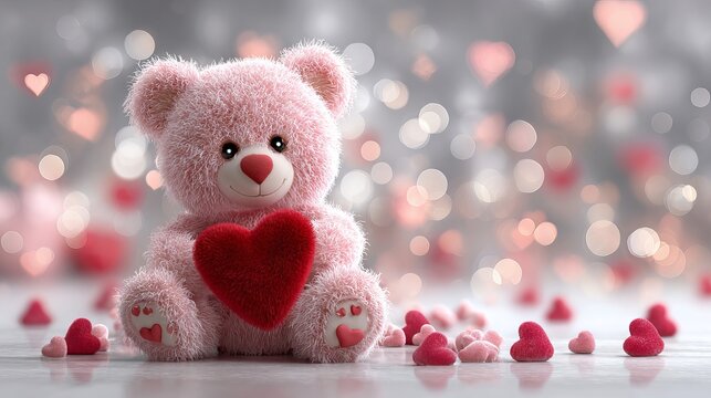 Pink teddy bear hugging a red heart, heart confetti and romantic bokeh background, cute plush toy for Valentines Day love greeting card mockup, cozy romantic decor, sweet gift mood, copy space