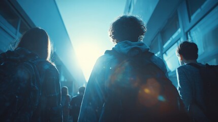Stylish University Students Walking in Hallway Backlit by Sunlight