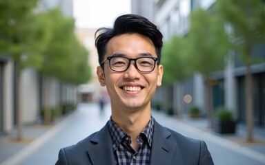 portrait handsome Asian man a university college teacher, businessman, scientist Cheerful happy educator. Standing background modern office center or campus. Outside, outdoors looking at camera. Smile