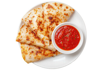 Quesadilla slices with a tomato sauce on a white plate