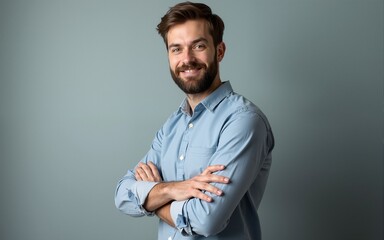 Male university professor standing with arms crossed confidently looking at the camera with copy space. High quality