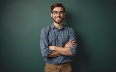 Male university professor standing with arms crossed confidently looking at the camera with copy space. High quality