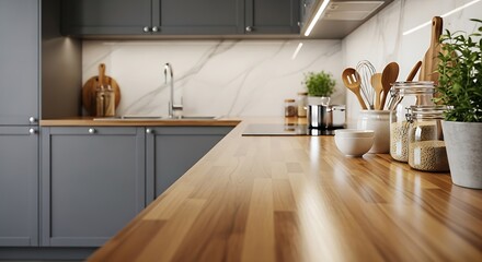 Stylish kitchen counter perspective featuring matte gray cabinetry, warm wooden butcher block, and a marble backsplash with accessories