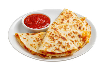 Quesadillas sliced, tomato sauce dip, on white plate