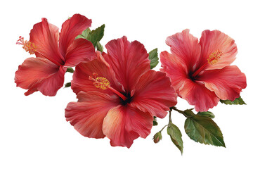 Trio of red hibiscus blooms, detailed painting style