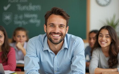 Portrait of smiling male teacher in a class at elementary school looking at camera with learning students on background. High quality