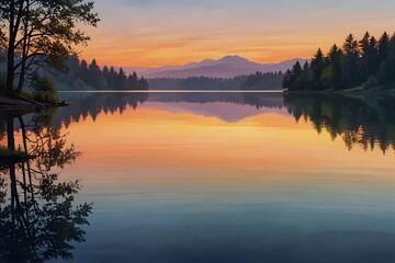 Fototapeta premium A serene lake mirrors the vibrant colors of the sunset. The water is calm and still. The sky is painted with warm hues. It's a peaceful, picturesque scene.