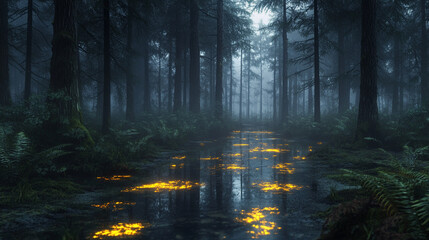 A foggy forest with hyperrealistic glowing mirrored puddles reflecting soft light, creating an eerie, mystical, and immersive woodland atmosphere.