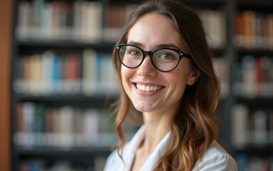 Happy smiling female university professor or librarian with eyeglasses in university library. High quality