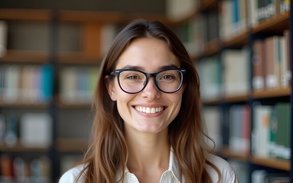 Happy smiling female university professor or librarian with eyeglasses in university library. High quality