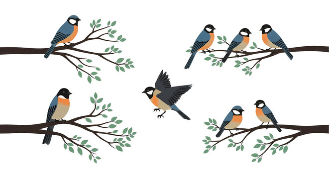 A collection of illustrated blue and orange birds perched on bare tree branches with one in flight.