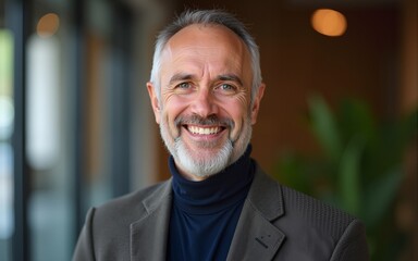 Friendly middle-aged man in turtleneck and blazer. High quality