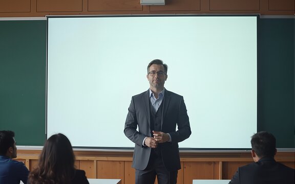 Caucasian university professor standing in front of the class with white blank note board for education, school and business people concept. High quality