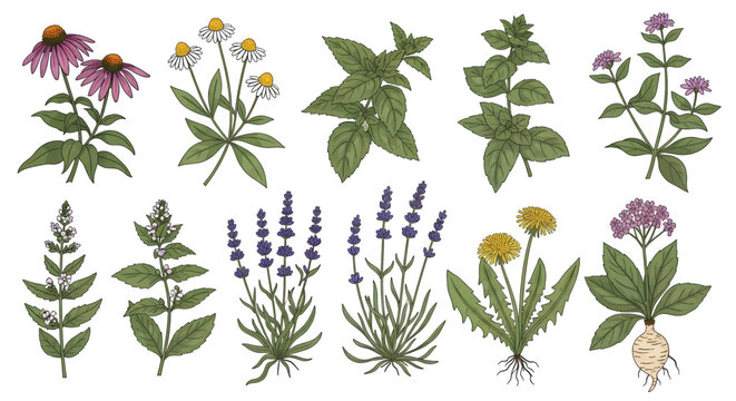 Collection of hand-drawn medicinal herbs and flowers in a vintage botanical illustration style.