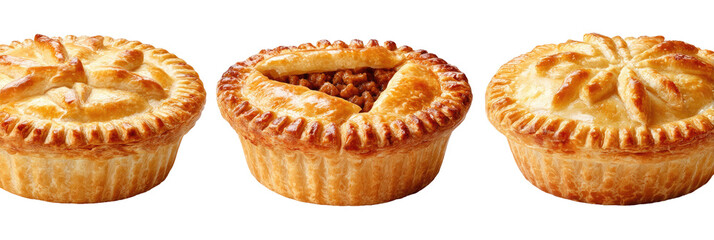 Three mini pies, golden crusts, savory fillings