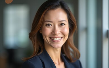 Closeup portrait, mature professional, beautiful confident woman wearing a power suit, friendly personality, smiling isolated indoors office background. Positive human emotions. High quality