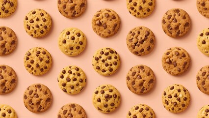 A seamless cookie-themed background wallpaper featuring different types of cookies such as chocolate chip, butter, and sandwich cookies, arranged in a cute repeating pattern on a pastel background