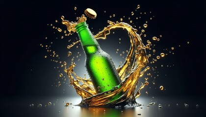 Green beer bottle with beer splashing on black background. Beer cap splashing on the bottle.