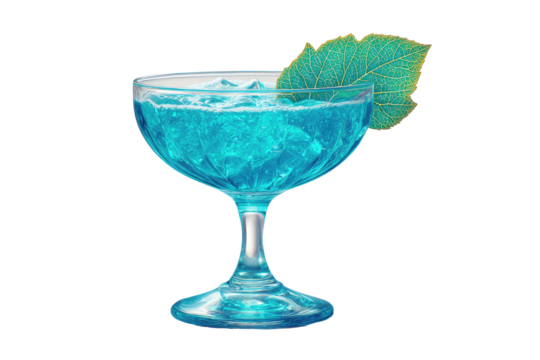 Iced blue cocktail in stemmed glass, garnished with leaf