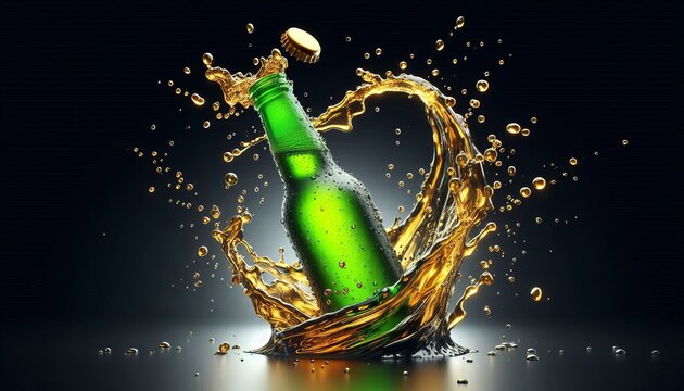 Green beer bottle with beer splashing on black background. Beer cap splashing on the bottle.