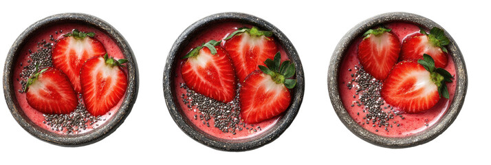 Three bowls of strawberry smoothie with chia and fruit