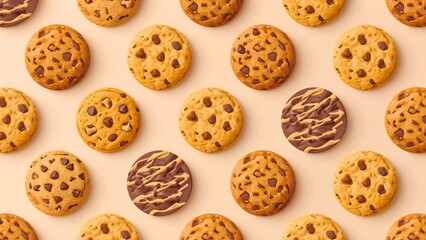 A seamless cookie-themed background wallpaper featuring different types of cookies such as chocolate chip, butter, and sandwich cookies, arranged in a cute repeating pattern on a pastel background